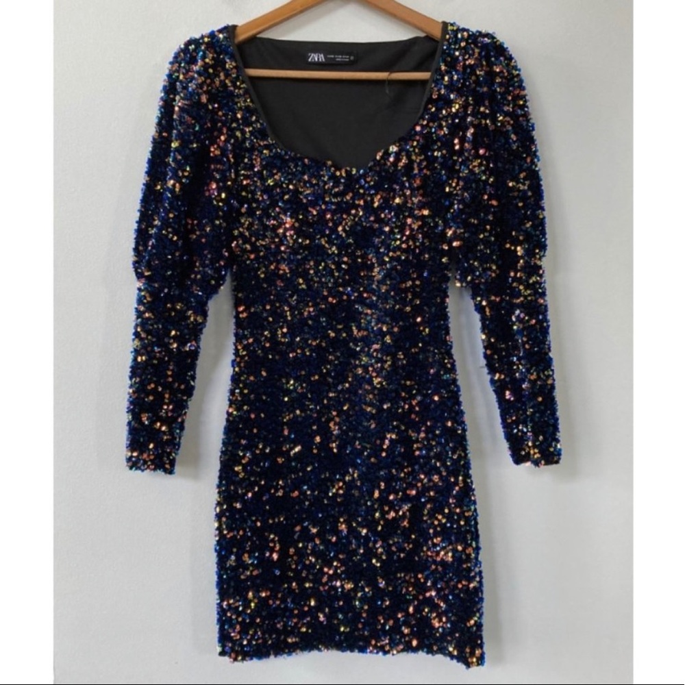 Zara Multicolored Sequin Metallic Velvet Puff Sleeve Bodycon Mini Dress XS